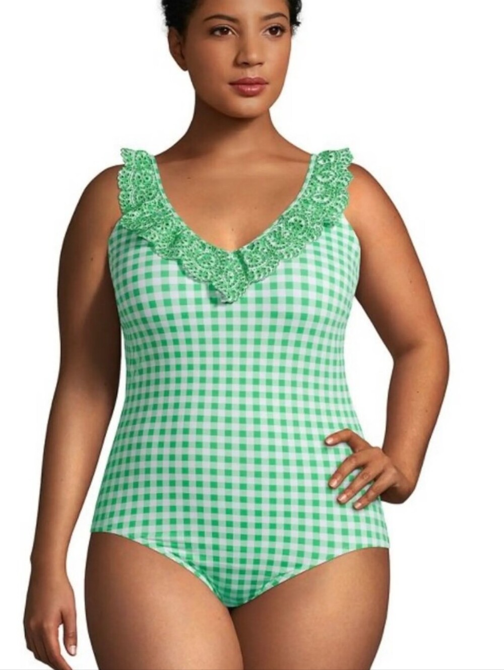 Draper James Green Gingham One Piece Swimsuit With Eyelet Ruffle